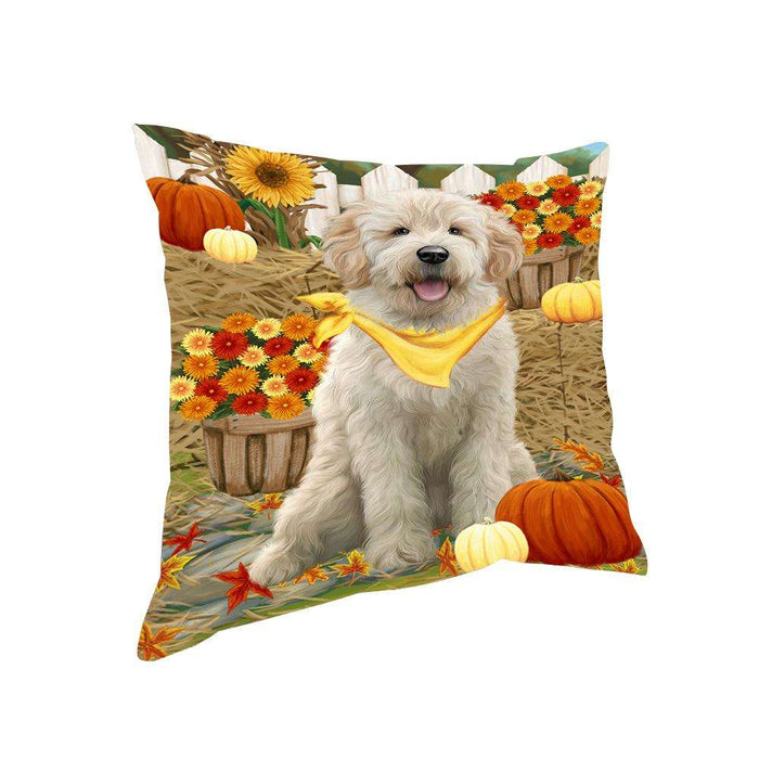 Fall Autumn Greeting Goldendoodle Dog with Pumpkins Pillow PIL65468