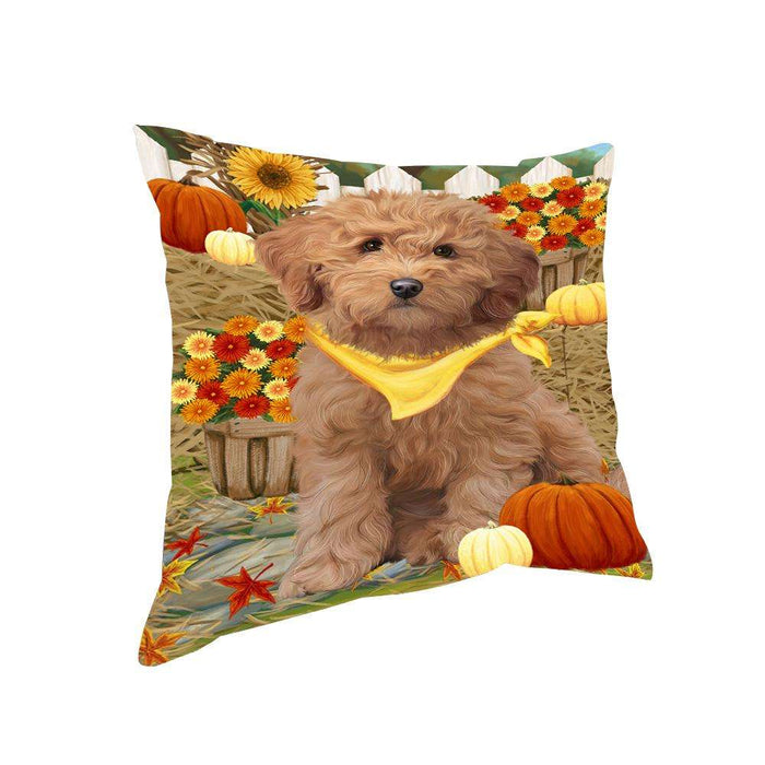 Fall Autumn Greeting Goldendoodle Dog with Pumpkins Pillow PIL65472