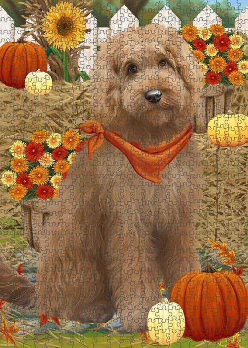 Fall Autumn Greeting Goldendoodle Dog with Pumpkins Puzzle with Photo Tin PUZL60909