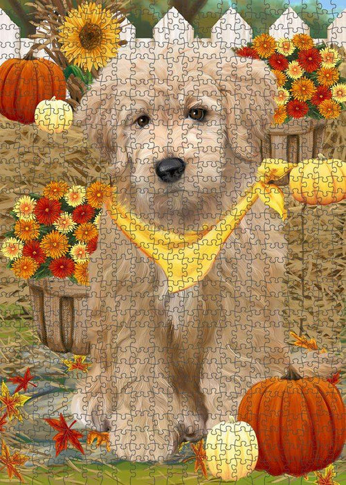Fall Autumn Greeting Goldendoodle Dog with Pumpkins Puzzle with Photo Tin PUZL60912