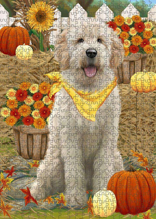 Fall Autumn Greeting Goldendoodle Dog with Pumpkins Puzzle with Photo Tin PUZL60915