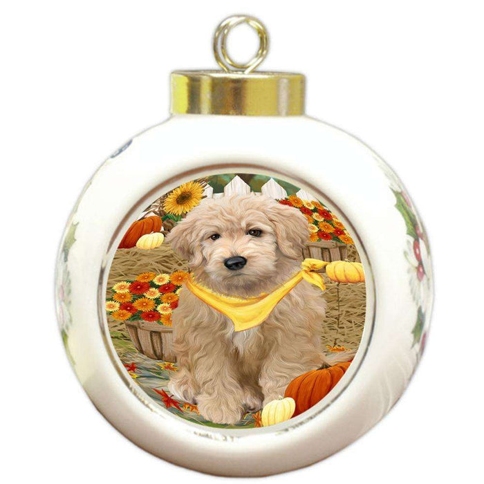 Fall Autumn Greeting Goldendoodle Dog with Pumpkins Round Ball Christmas Ornament RBPOR52327
