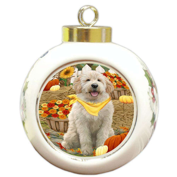 Fall Autumn Greeting Goldendoodle Dog with Pumpkins Round Ball Christmas Ornament RBPOR52328
