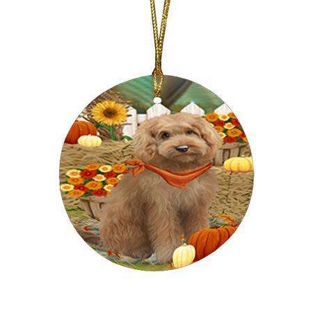 Fall Autumn Greeting Goldendoodle Dog with Pumpkins Round Flat Christmas Ornament RFPOR52317