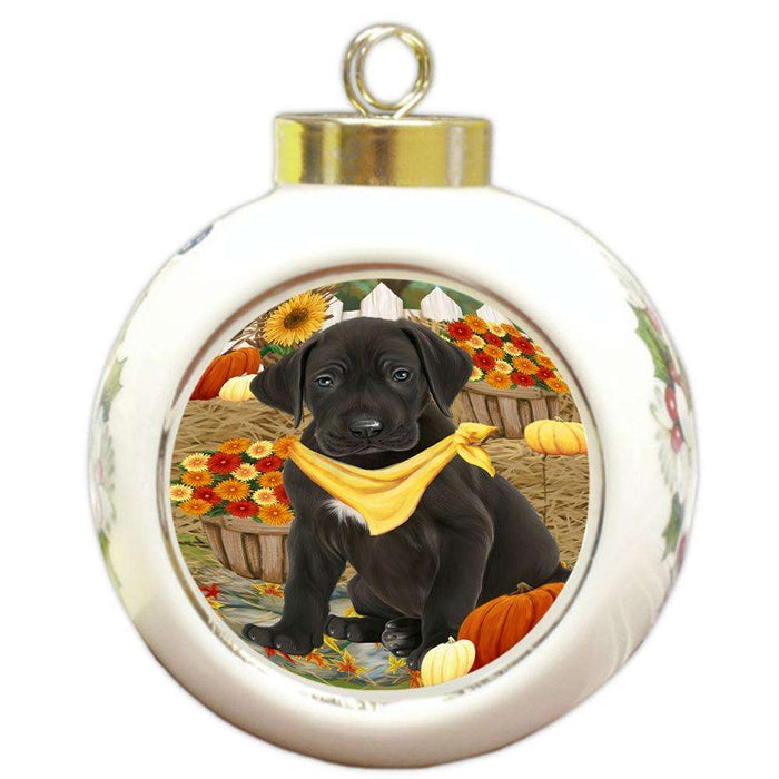Fall Autumn Greeting Great Dane Dog with Pumpkins Round Ball Christmas Ornament RBPOR50748