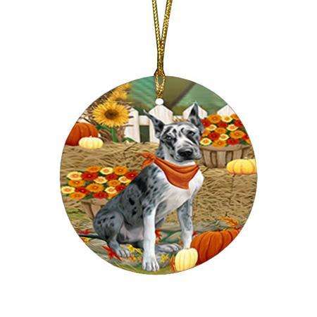 Fall Autumn Greeting Great Dane Dog with Pumpkins Round Flat Christmas Ornament RFPOR50736