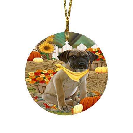 Fall Autumn Greeting Great Dane Dog with Pumpkins Round Flat Christmas Ornament RFPOR50737