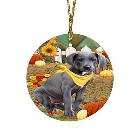Fall Autumn Greeting Great Dane Dog with Pumpkins Round Flat Christmas Ornament RFPOR50740