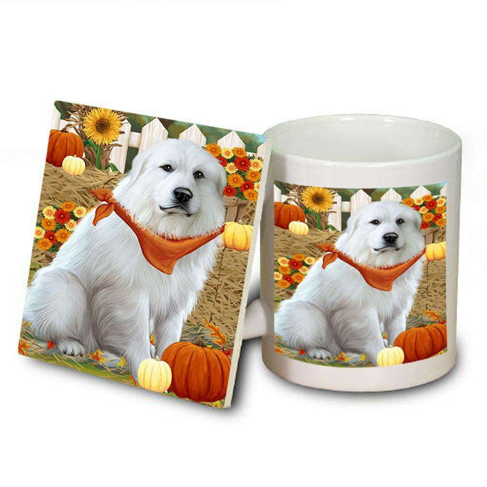 Fall Autumn Greeting Great Pyrenee Dog with Pumpkins Mug and Coaster Set MUC52322