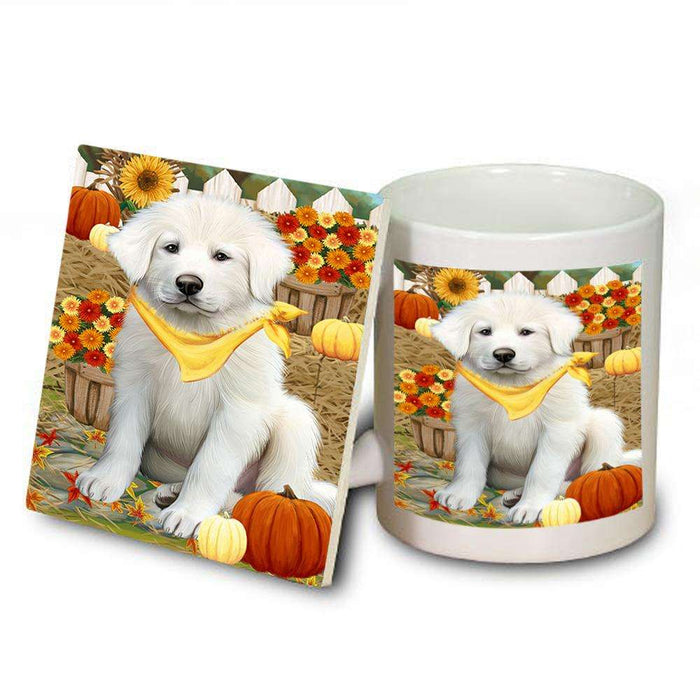 Fall Autumn Greeting Great Pyrenee Dog with Pumpkins Mug and Coaster Set MUC52323