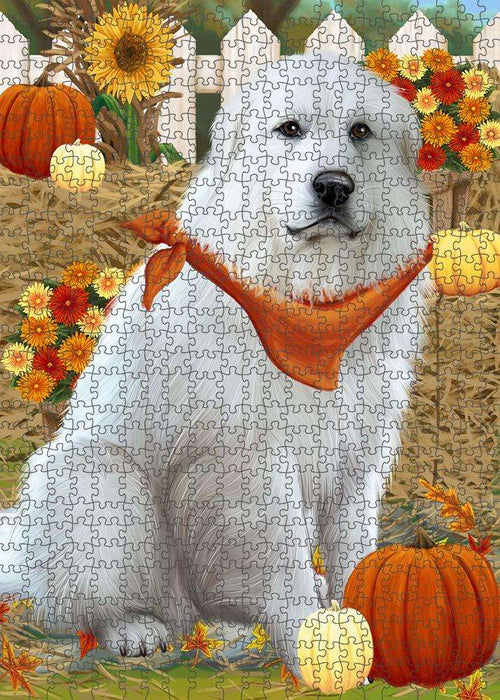 Fall Autumn Greeting Great Pyrenee Dog with Pumpkins Puzzle with Photo Tin PUZL60921
