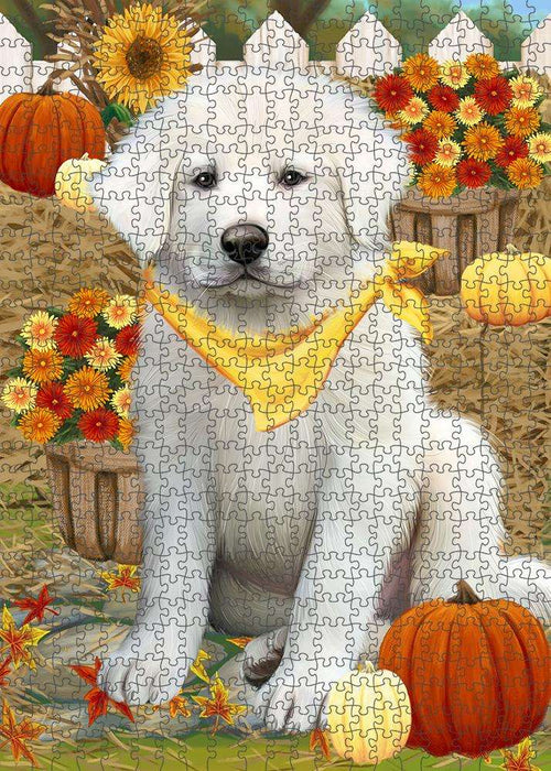 Fall Autumn Greeting Great Pyrenee Dog with Pumpkins Puzzle with Photo Tin PUZL60924