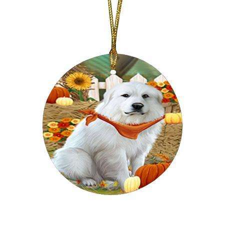 Fall Autumn Greeting Great Pyrenee Dog with Pumpkins Round Flat Christmas Ornament RFPOR52321