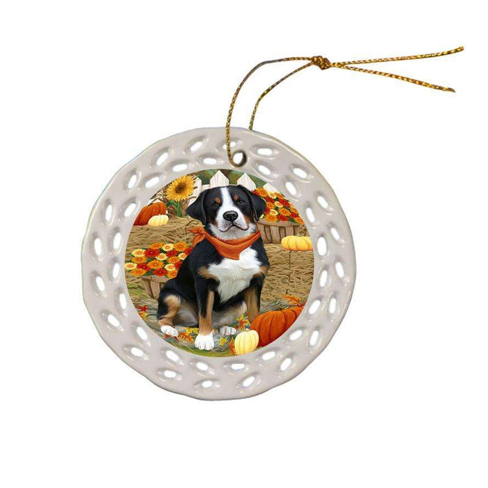 Fall Autumn Greeting Greater Swiss Mountain Dog with Pumpkins Ceramic Doily Ornament DPOR52332