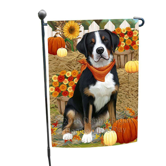 Fall Autumn Greeting Greater Swiss Mountain Dog with Pumpkins Garden Flag GFLG52277