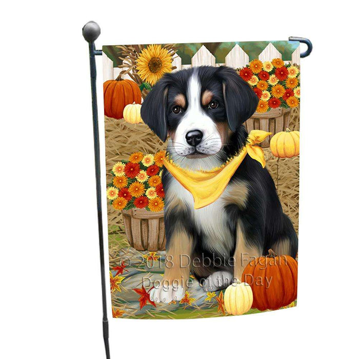 Fall Autumn Greeting Greater Swiss Mountain Dog with Pumpkins Garden Flag GFLG52278