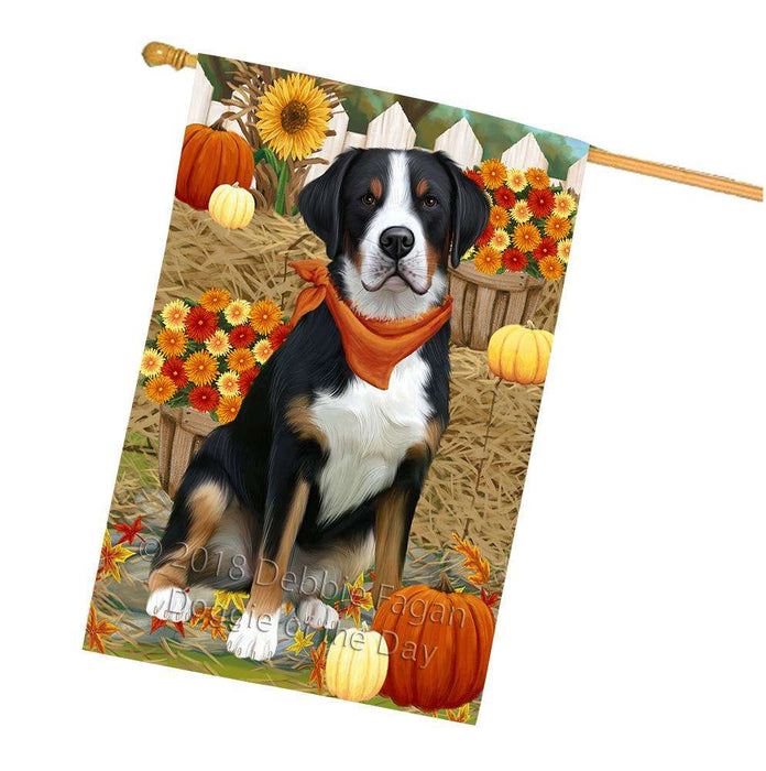 Fall Autumn Greeting Greater Swiss Mountain Dog with Pumpkins House Flag FLG52413