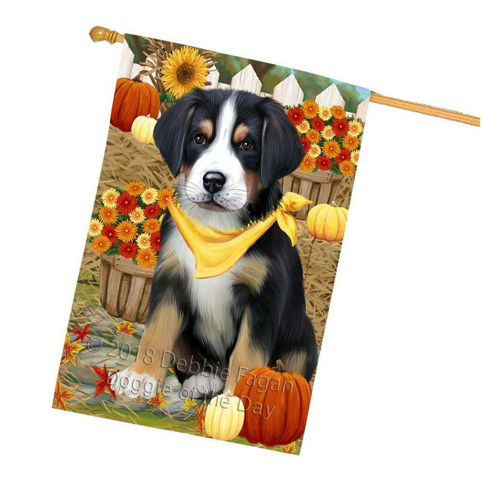Fall Autumn Greeting Greater Swiss Mountain Dog with Pumpkins House Flag FLG52414