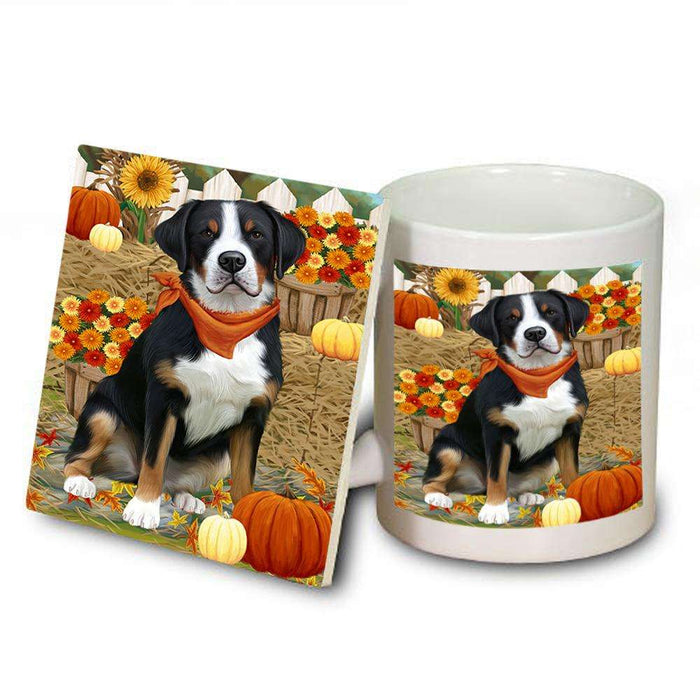 Fall Autumn Greeting Greater Swiss Mountain Dog with Pumpkins Mug and Coaster Set MUC52324