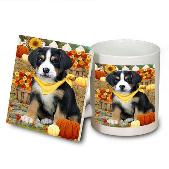 Fall Autumn Greeting Greater Swiss Mountain Dog with Pumpkins Mug and Coaster Set MUC52325