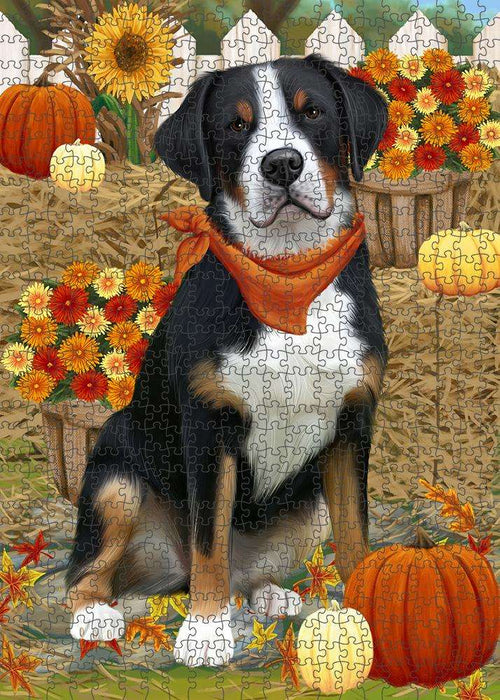 Fall Autumn Greeting Greater Swiss Mountain Dog with Pumpkins Puzzle with Photo Tin PUZL60927