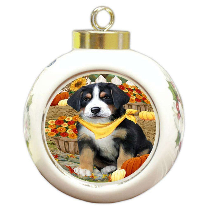 Fall Autumn Greeting Greater Swiss Mountain Dog with Pumpkins Round Ball Christmas Ornament RBPOR52333