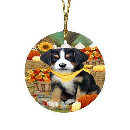 Fall Autumn Greeting Greater Swiss Mountain Dog with Pumpkins Round Flat Christmas Ornament RFPOR52324