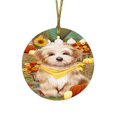 Fall Autumn Greeting Havanese Dog with Pumpkins Round Flat Christmas Ornament RFPOR50742