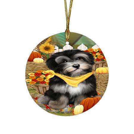 Fall Autumn Greeting Havanese Dog with Pumpkins Round Flat Christmas Ornament RFPOR50743