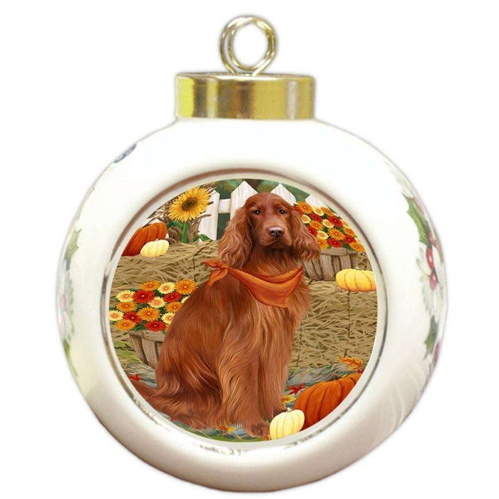 Fall Autumn Greeting Irish Setter Dog with Pumpkins Round Ball Christmas Ornament RBPOR52334