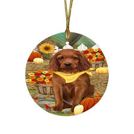 Fall Autumn Greeting Irish Setter Dog with Pumpkins Round Flat Christmas Ornament RFPOR52326