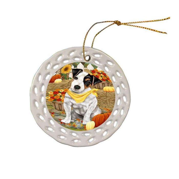 Fall Autumn Greeting Jack Russell Terrier Dog with Pumpkins Ceramic Doily Ornament DPOR50756