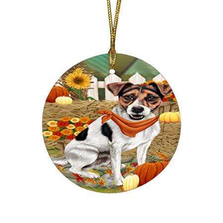 Fall Autumn Greeting Jack Russell Terrier Dog with Pumpkins Round Flat Christmas Ornament RFPOR50745