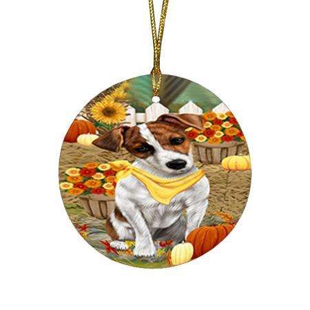 Fall Autumn Greeting Jack Russell Terrier Dog with Pumpkins Round Flat Christmas Ornament RFPOR50746