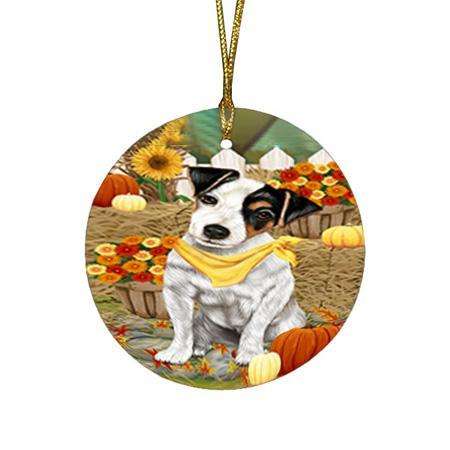 Fall Autumn Greeting Jack Russell Terrier Dog with Pumpkins Round Flat Christmas Ornament RFPOR50747