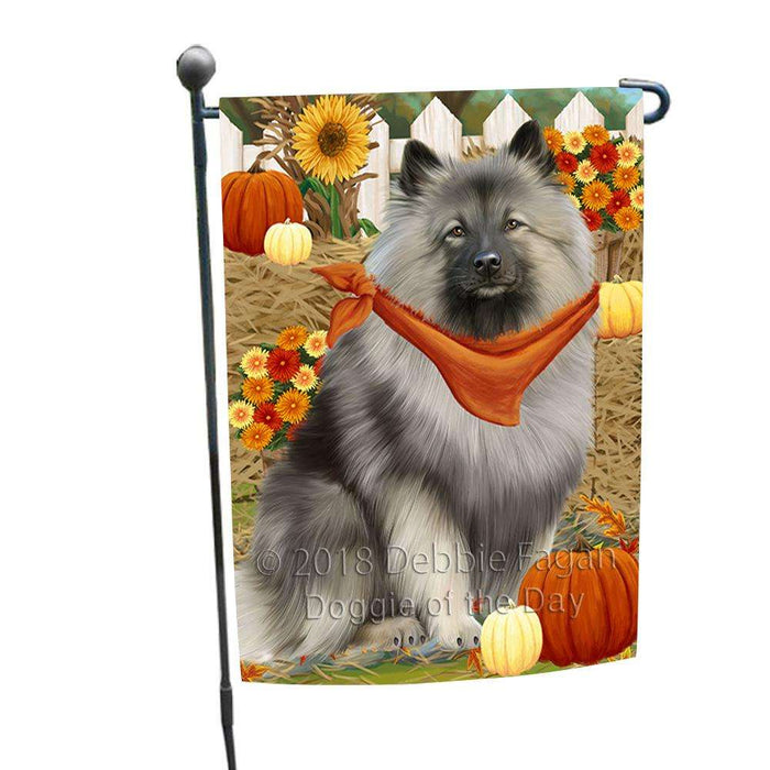 Fall Autumn Greeting Keeshond Dog with Pumpkins Garden Flag GFLG52281