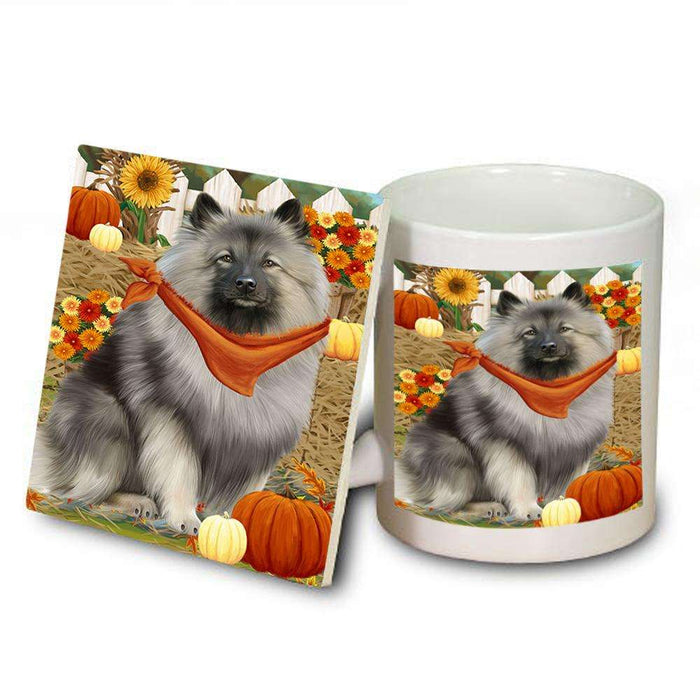 Fall Autumn Greeting Keeshond Dog with Pumpkins Mug and Coaster Set MUC52328