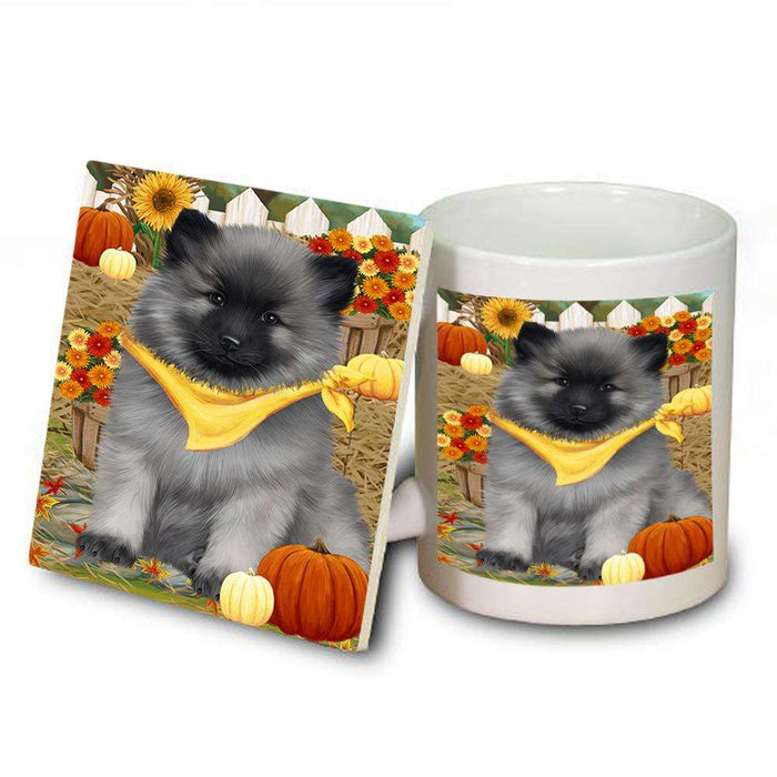 Fall Autumn Greeting Keeshond Dog with Pumpkins Mug and Coaster Set MUC52329