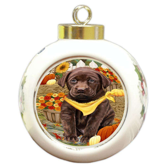 Fall Autumn Greeting Labrador Retriever Dog with Pumpkins Round Ball Christmas Ornament RBPOR50760