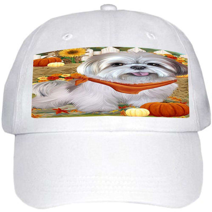 Fall Autumn Greeting Lhasa Apso Dog with Pumpkins Ball Hat Cap HAT56052