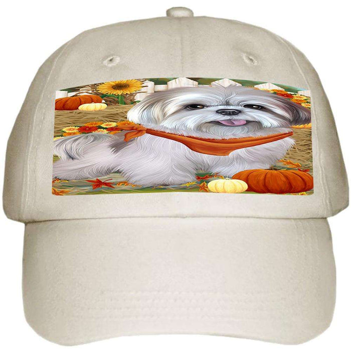 Fall Autumn Greeting Lhasa Apso Dog with Pumpkins Ball Hat Cap HAT56052