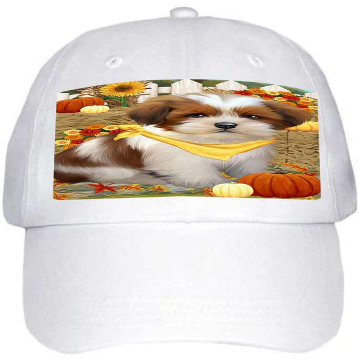 Fall Autumn Greeting Lhasa Apso Dog with Pumpkins Ball Hat Cap HAT56058