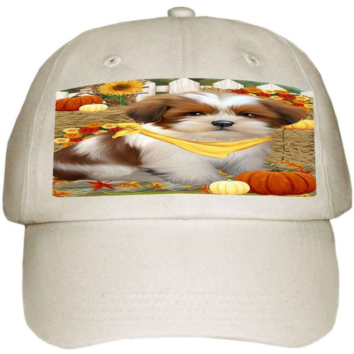 Fall Autumn Greeting Lhasa Apso Dog with Pumpkins Ball Hat Cap HAT56058