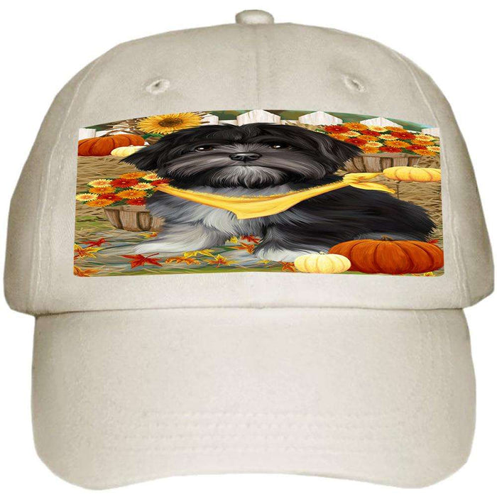 Fall Autumn Greeting Lhasa Apso Dog with Pumpkins Ball Hat Cap HAT56064