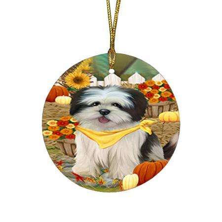 Fall Autumn Greeting Lhasa Apso Dog with Pumpkins Round Flat Christmas Ornament RFPOR50753
