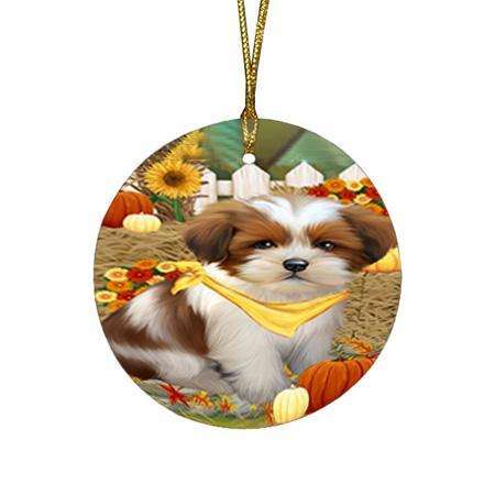 Fall Autumn Greeting Lhasa Apso Dog with Pumpkins Round Flat Christmas Ornament RFPOR50754