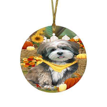 Fall Autumn Greeting Lhasa Apso Dog with Pumpkins Round Flat Christmas Ornament RFPOR50755