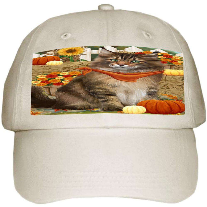 Fall Autumn Greeting Maine Coon Cat with Pumpkins Ball Hat Cap HAT60747