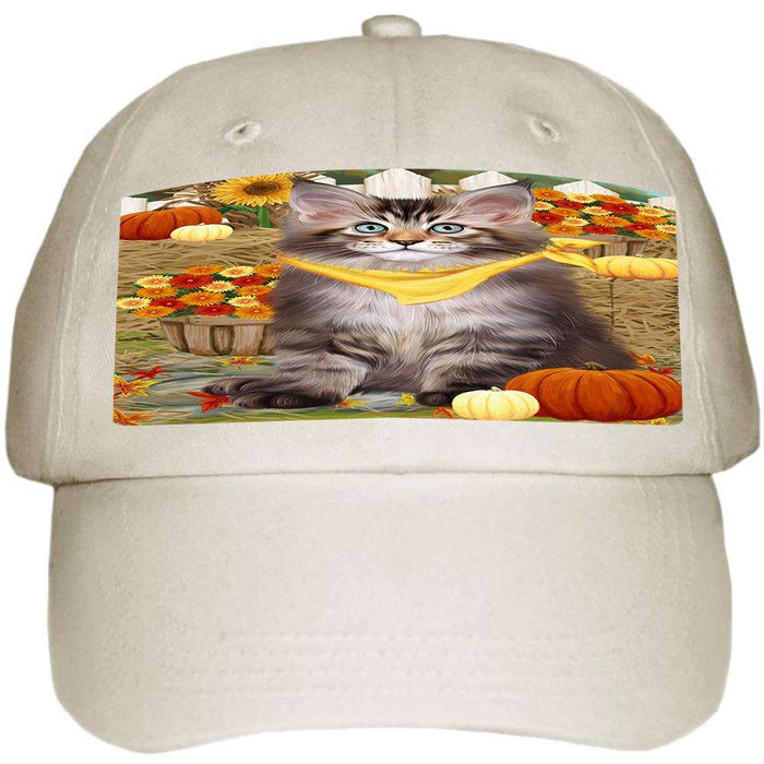 Fall Autumn Greeting Maine Coon Cat with Pumpkins Ball Hat Cap HAT60750