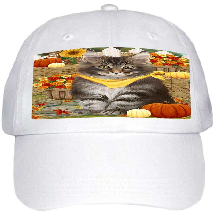 Fall Autumn Greeting Maine Coon Cat with Pumpkins Ball Hat Cap HAT60753